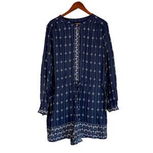 Ann Taylor Loft Navy White Geo Boho Tribal Print Long Sleeve Button Romper L